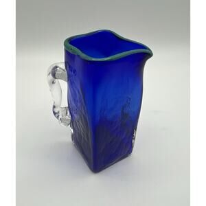 Pinzette Glassworks Hand Blown Art Glass Creamer Pitcher 4” Cobalt Blue w Teal